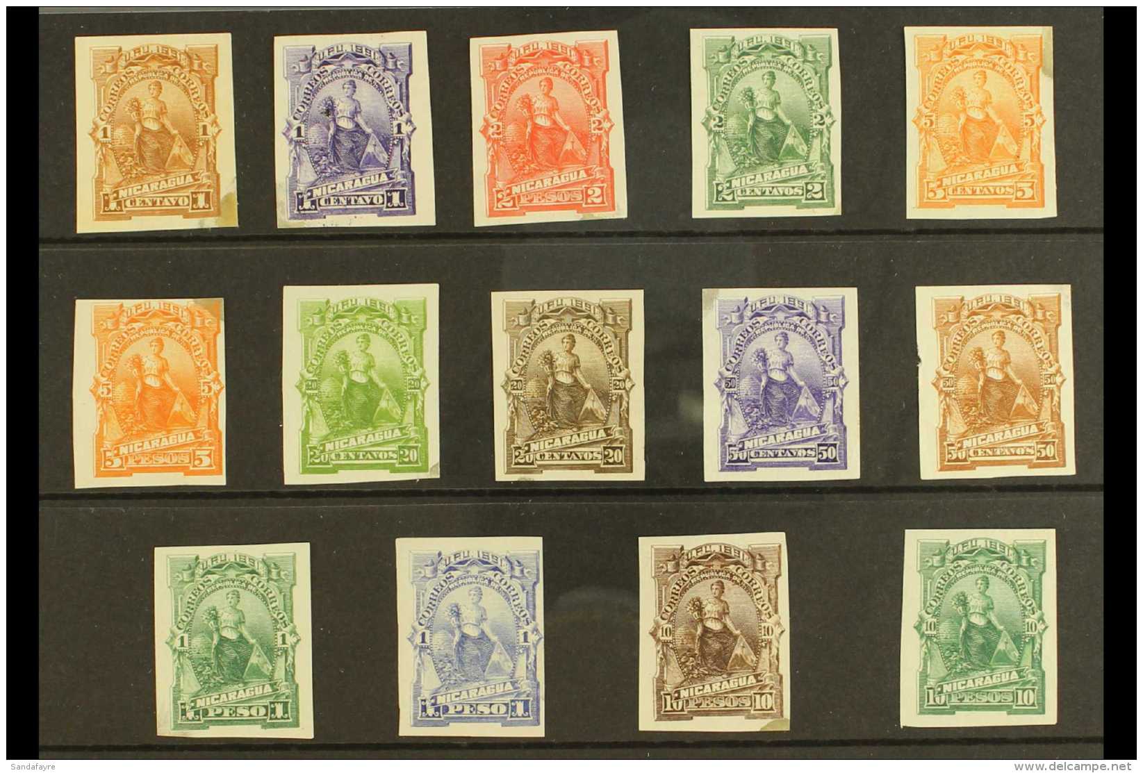 1891  "Goddess Of Plenty" Issue (Sc 30/39) - Various Values In IMPERF COLOUR TRIAL PROOFS On Ungummed Paper, Some... - Nicaragua