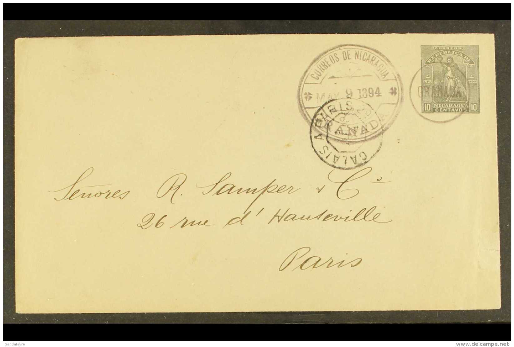 1894  (9 May) 10c Grey Postal Stationery Envelope (Higgins &amp; Gage 25) To Paris With Fine "GRANADA" Circular... - Nicaragua