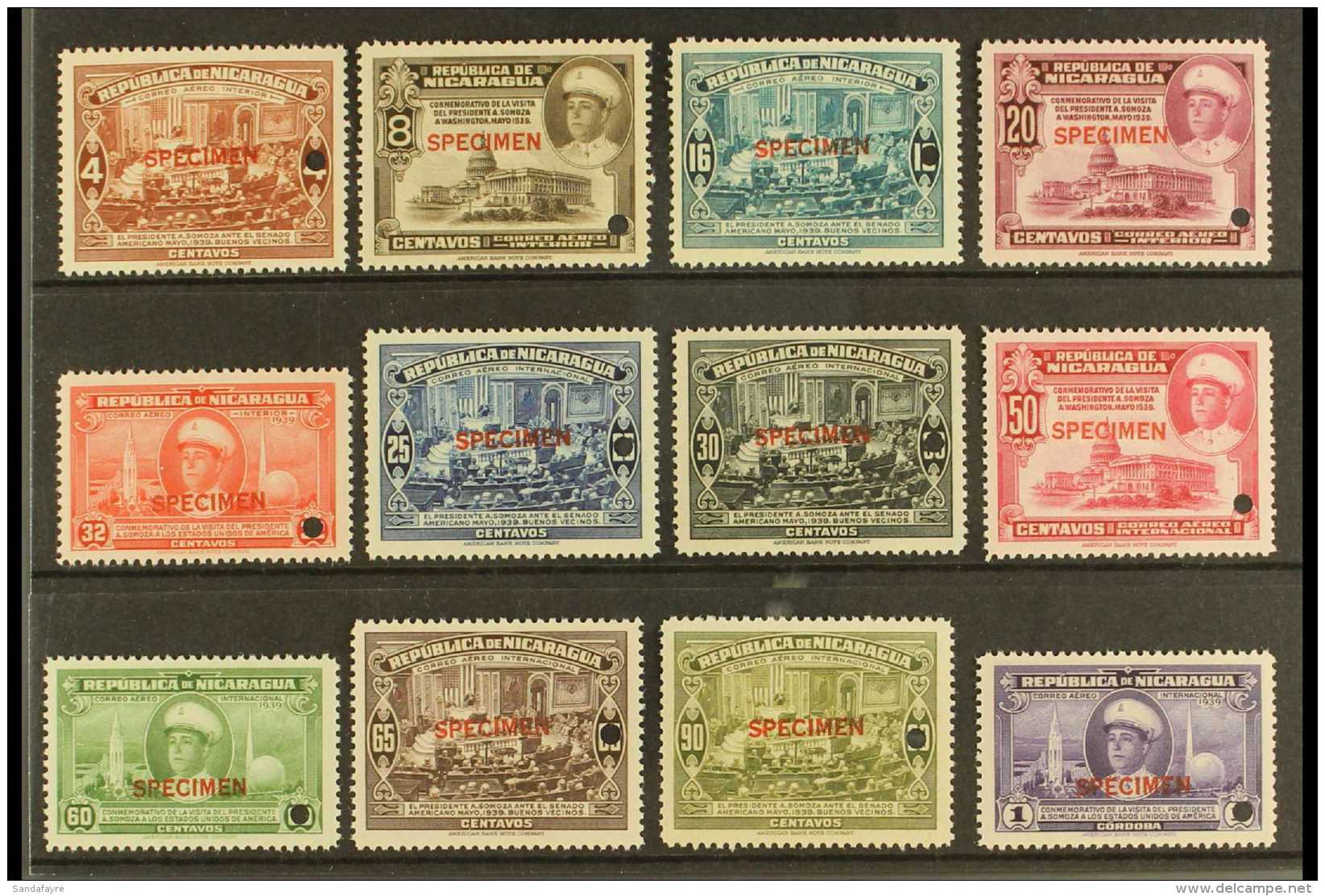 1940  Air President's Visit Complete Set With "SPECIMEN" Overprints (SG 1034/45, Scott C241/52), Very Fine Never... - Nicaragua