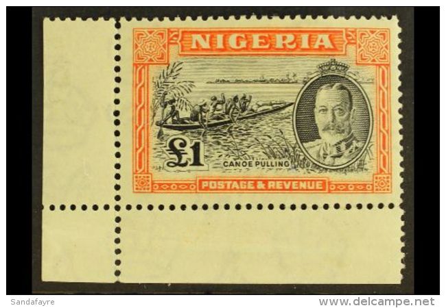 1936  KGV &pound;1 Black And Orange "Canoe Pulling", SG 45, Very Fine Mint Corner Marginal Example. For More... - Nigeria (...-1960)