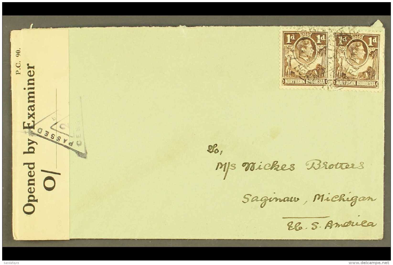 1942  (March) Envelope To USA, Bearing 1d Brown Pair, Tied Luasaka Cds's, And At Left Opened By Examiner Reseal... - Northern Rhodesia (...-1963)