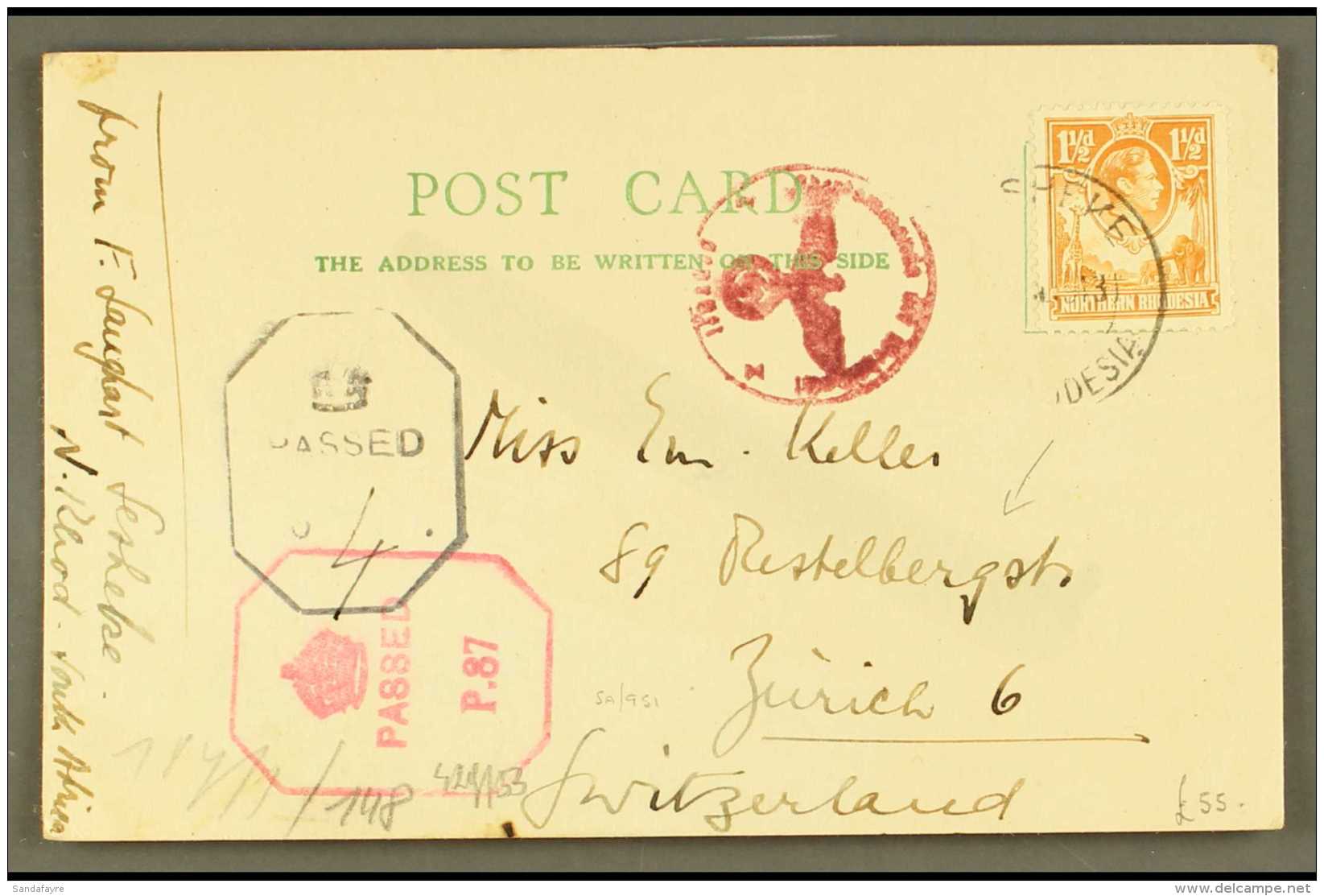 1943  (Jan) Postcard To Switzerland, Bearing 1&frac12;d Orange, Tied By Sesheke Cds, With Two British Type Censor... - Rodesia Del Norte (...-1963)