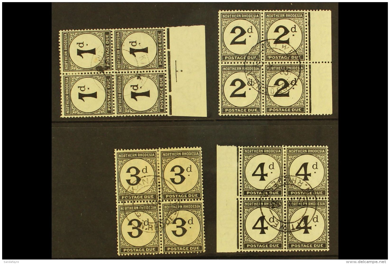 POSTAGE DUES  1929-52 Set On Ordinary Paper, BLOCKS OF 4, SG D1/4, 1d Tone Spot, 3d Slightly Toned Paper,... - Rhodésie Du Nord (...-1963)