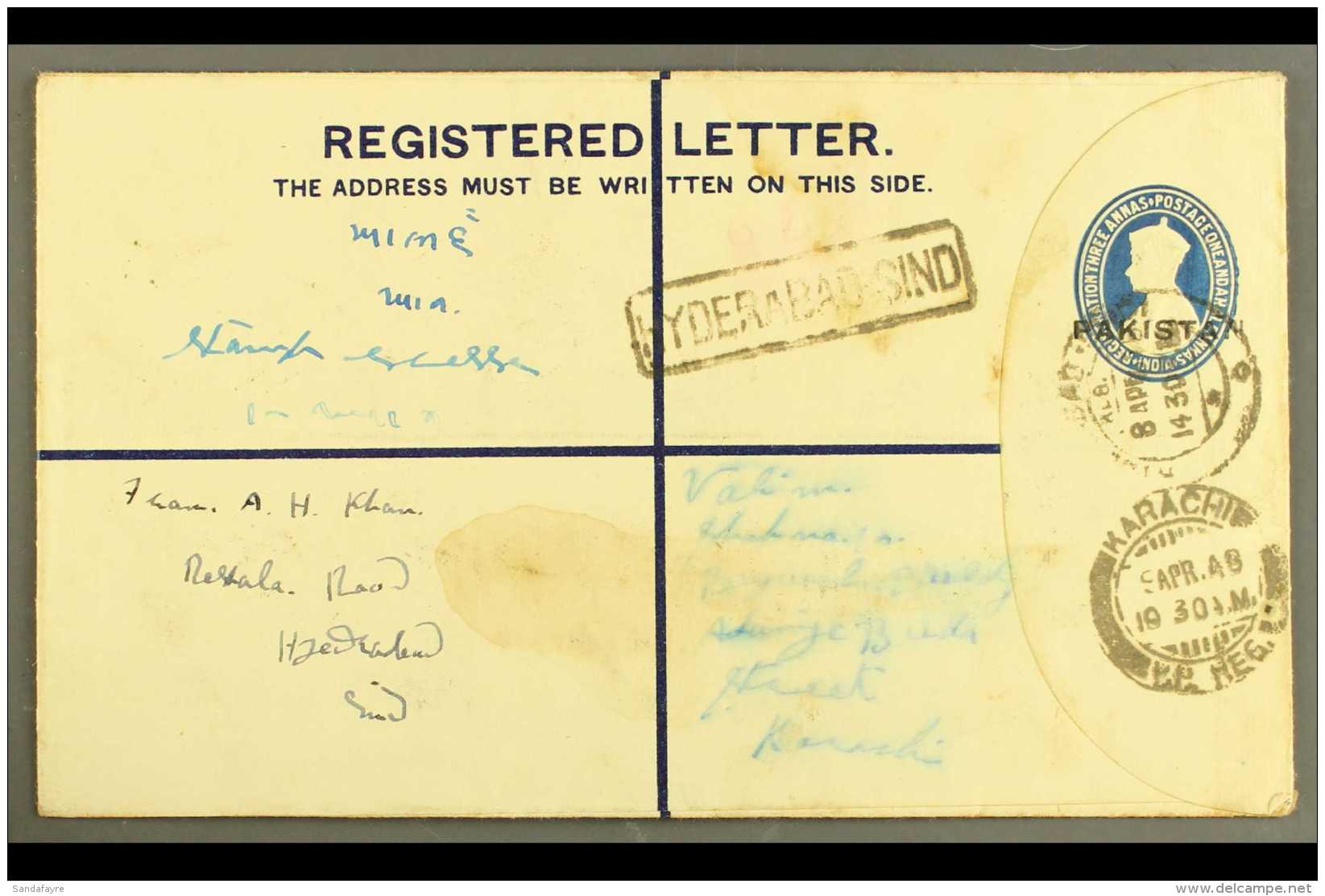 1948  (8 Apr) 4&frac12;a Registered Stationery Envelope With "PAKISTAN" Nasik Overprint (26&frac14; X 3mm), On... - Pakistan
