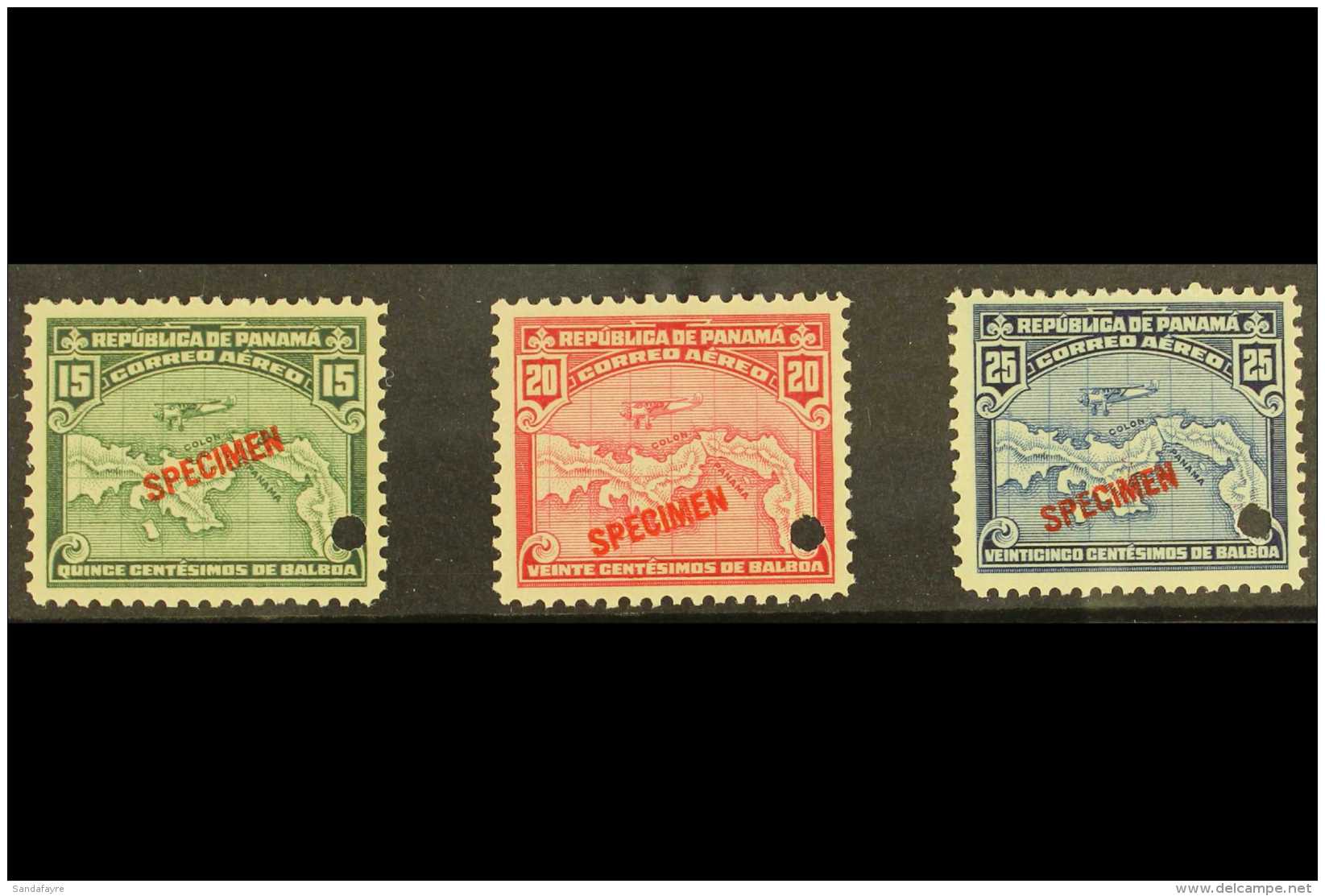 1930  15c, 20c, And 25c Air "Plane Over Map Of Central America" Complete Set With "SPECIMEN" Overprint In Red And... - Panamá