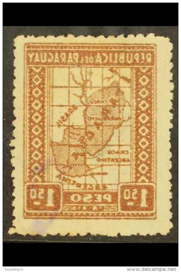 1927-38 PRINTING ERROR  1p50 Brown "Map" Stamp, Scott 290, Showing STAMP PRINTED ON BOTH SIDES Error, With One Of... - Paraguay