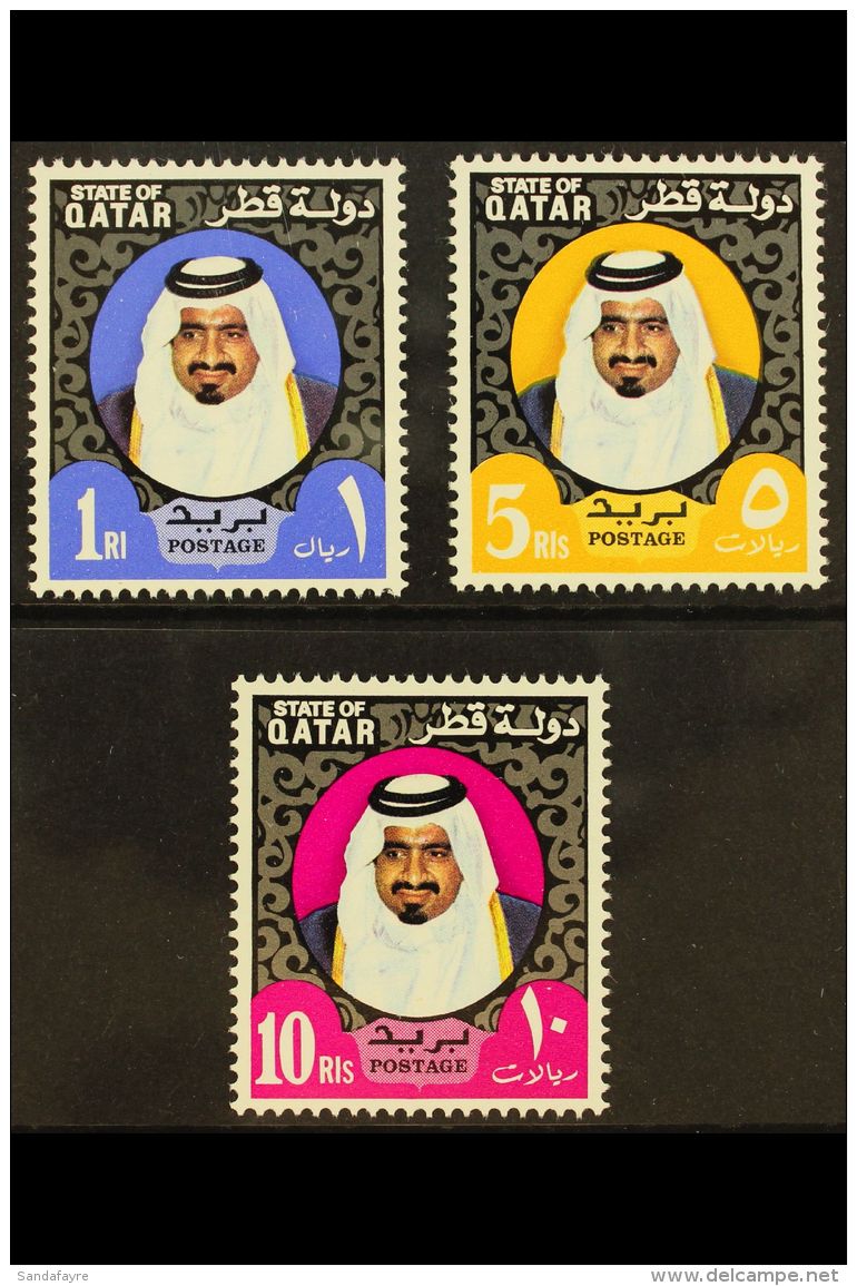 1973-74  1r, 5r &amp; 10r Shaikh Top Values, SG 452/54, Very Fine Never Hinged Mint, Fresh. (3 Stamps) For More... - Qatar