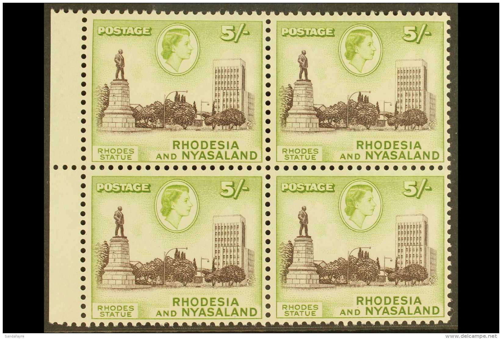 1959-62  5s Deep Chocolate &amp; Yellow Green, SG 29, Never Hinged Mint Marginal BLOCK Of 4. Lovely (4 Stamps)... - Rhodésie & Nyasaland (1954-1963)