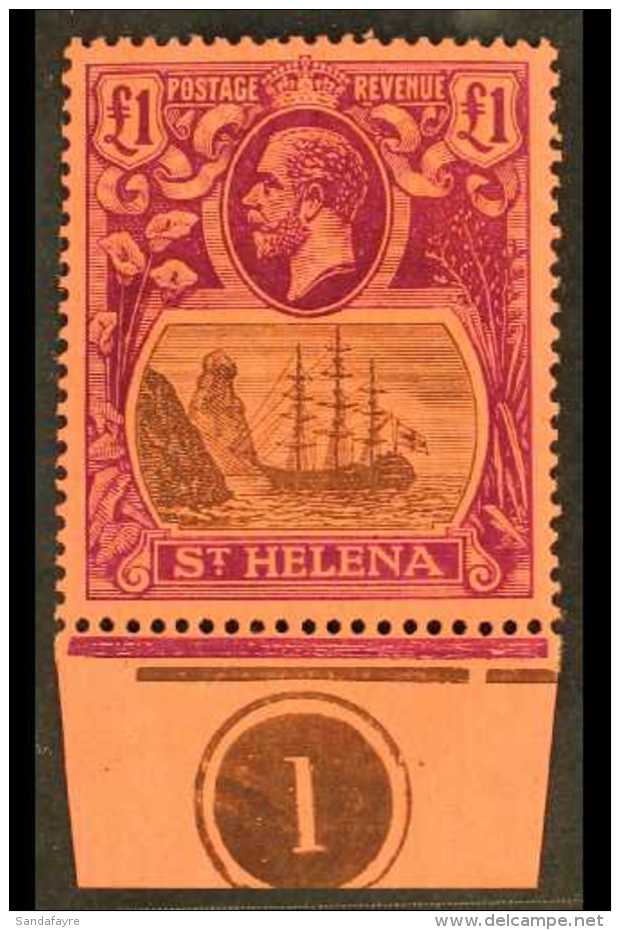 1922  &pound;1 Grey And Purple, SG 96, Very Fine Lightly Hinged Mint With PLATE NUMBER In Lower Margin. A Beauty.... - Isla Sta Helena