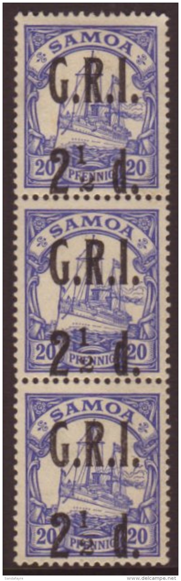 1914  (3 Sept) "G.R.I." Surcharge 2&frac12;d On 20pf Ultramarine (SG 104) Vertical Strip Of Three, The Top Stamp... - Samoa