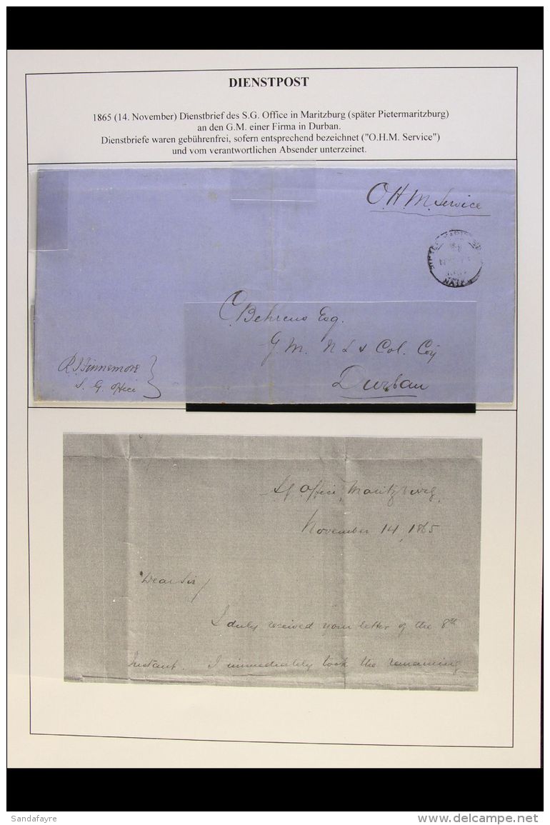 NATAL  OFFICIAL MAIL 1865 Stampless Entire Letter Bearing "Pietermaritzburg" (crown Type) &amp; "Durban (on... - Non Classés