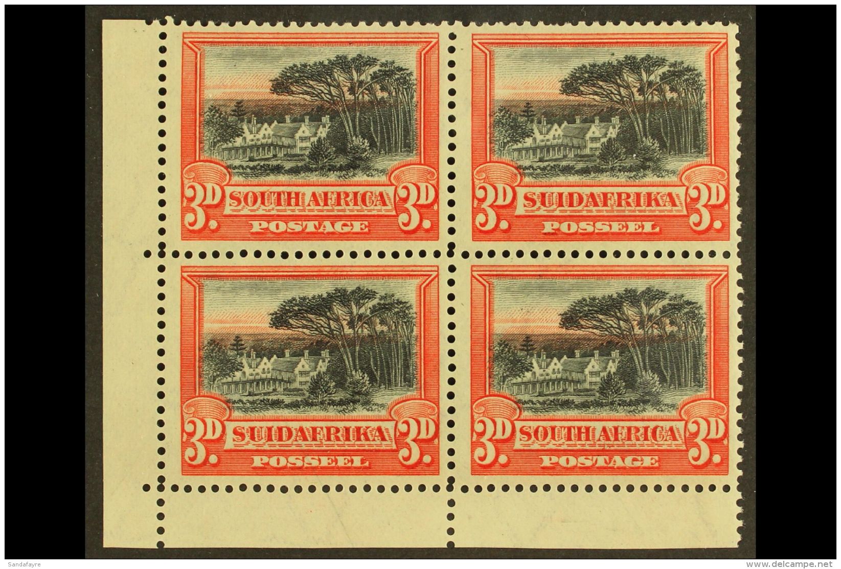 1927-30  3d Black &amp; Red, Perf.14x13&frac12; Down In Corner Marginal Block Of 4, SG 35a, Fine Mint, Hinged At... - Sin Clasificación