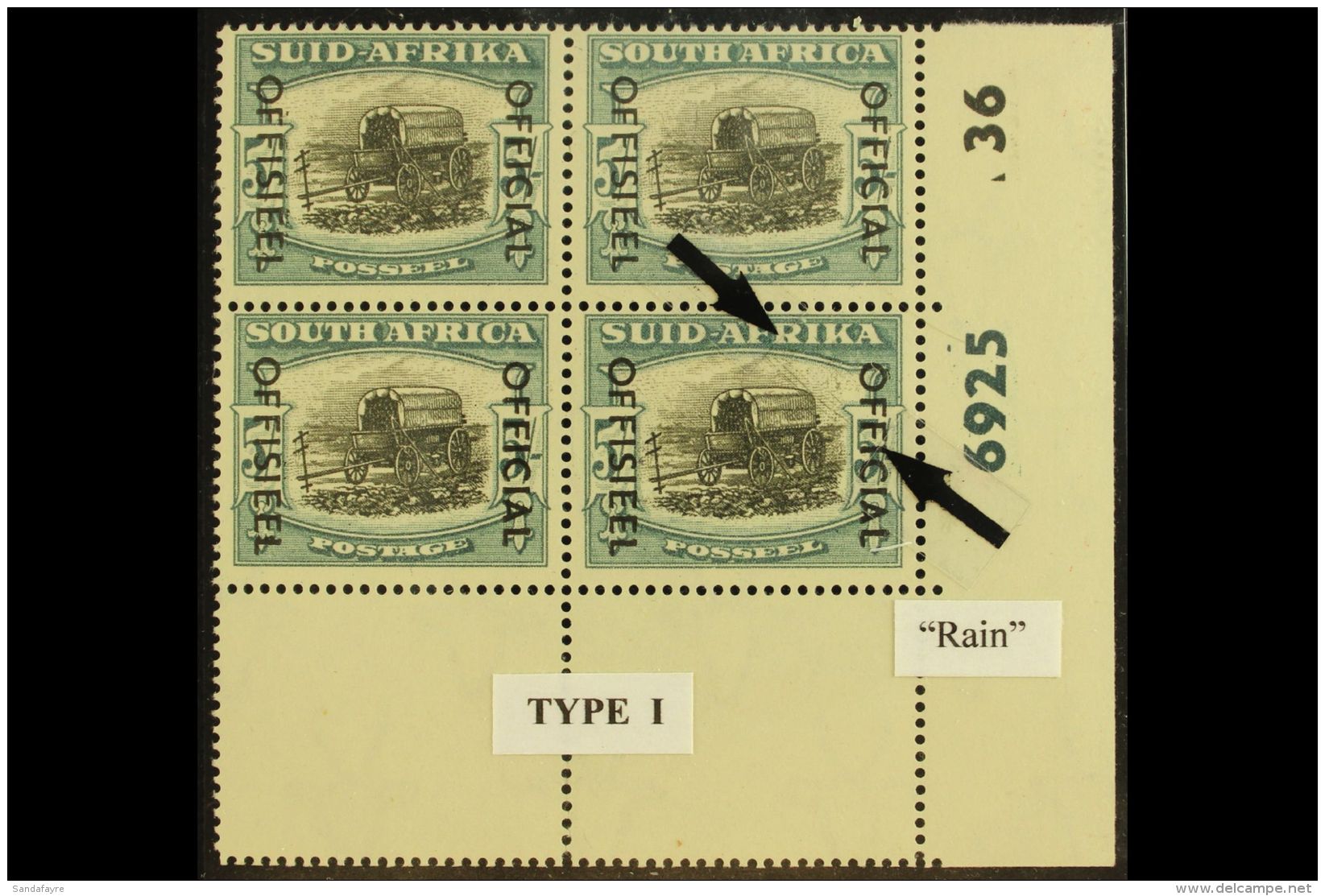 OFFICIAL  1950-4 5s Black &amp; Pale Blue-green, On SG 122, Cylinder 6925 36 Block Of Four With "Rain" Variety On... - Non Classés