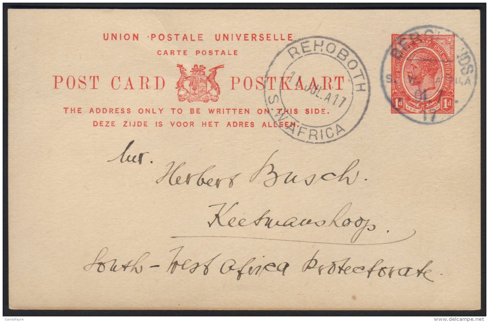 1917  (10 Jul) 1d Union Postal Card To Keetmanshoop With Fine "BERGLANDS" Cds Postmark, Putzel Type B1 Oc... - África Del Sudoeste (1923-1990)