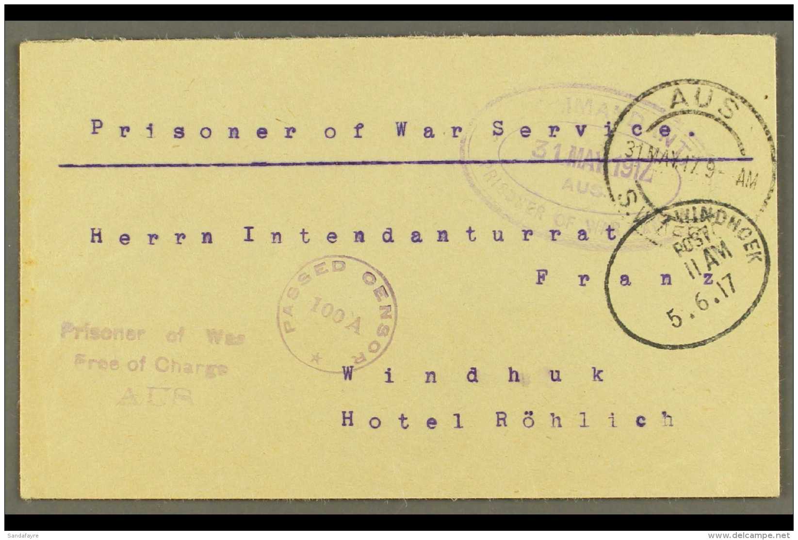 1917  (31 May) Stampless Env Endorsed On Reverse By "Oberleutnant Von Lossnitzer / Camp Aus / Date" From Aus Camp... - South West Africa (1923-1990)