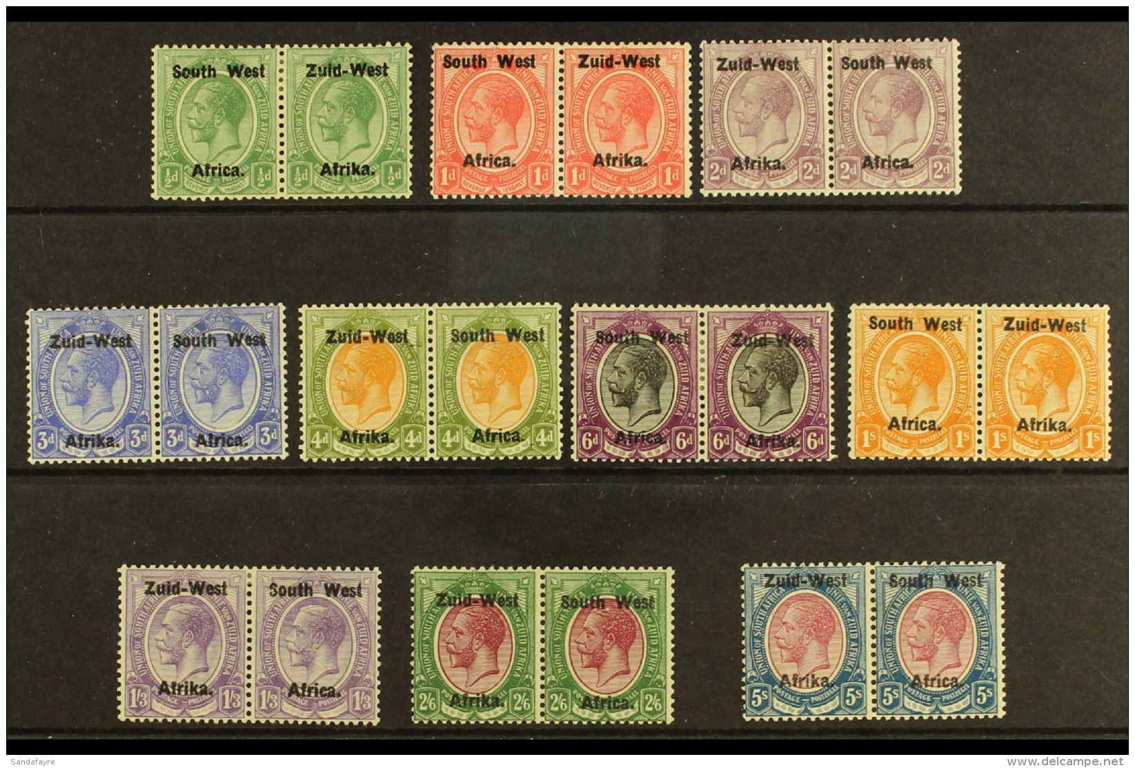 1923  Setting I, &frac12;d To 5s Complete, SG 1/10, Fine Mint Horizontal Pairs (10). For More Images, Please... - Afrique Du Sud-Ouest (1923-1990)