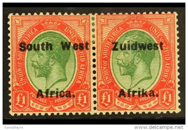 1923-6  Setting VI, &pound;1 Green &amp; Red, Bilingual Overprint Pair, SG 39, Mint, Heavier Hinge Mark. For More... - África Del Sudoeste (1923-1990)