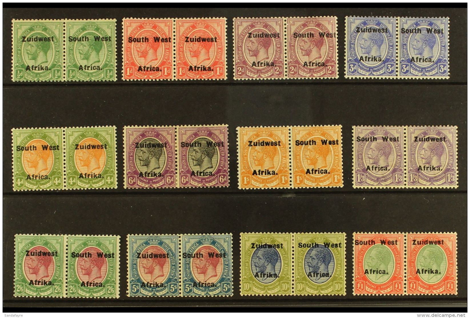 1923-6  Setting VIa "South West" 16&frac12;mm Complete Set With &pound;1 Pale Olive-green &amp; Red Shade, Listed... - Afrique Du Sud-Ouest (1923-1990)