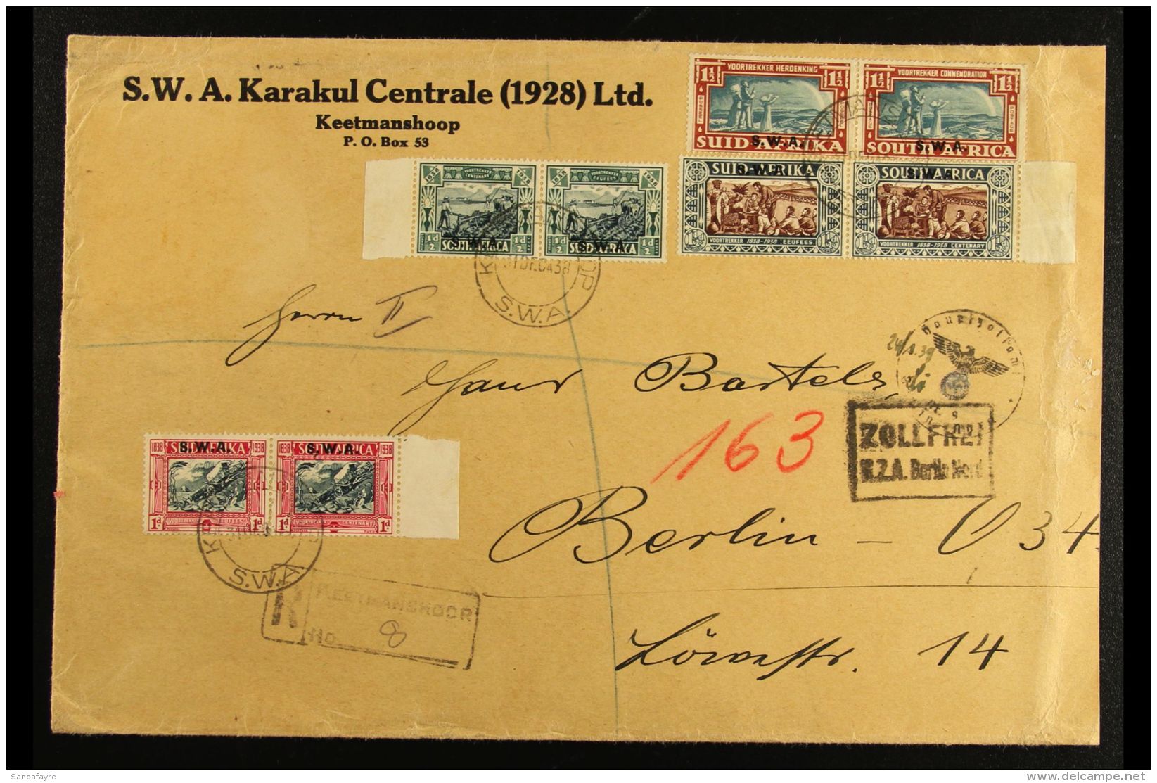 1938  (31 Dec) Registered Cover To Germany Bearing 1938 Voortrekker Centenary Set To 1&frac12;d And 1938... - África Del Sudoeste (1923-1990)