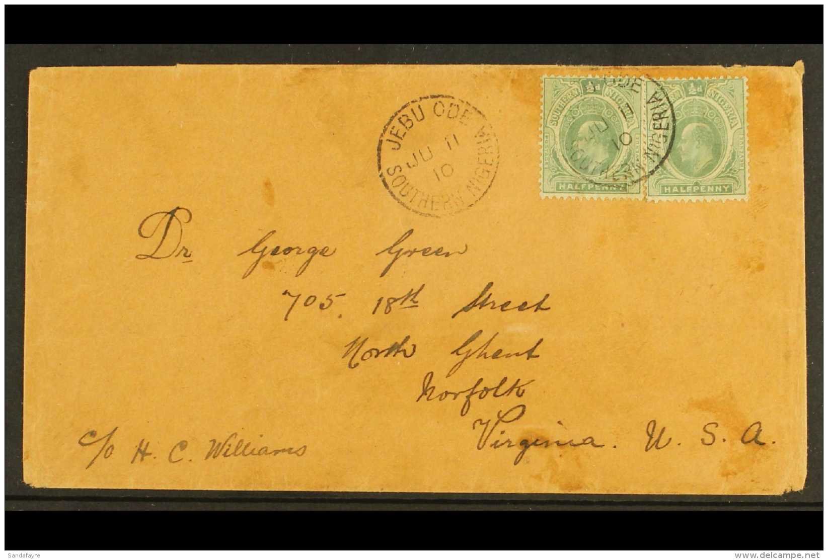 1910  Cover To Virginia, USA, Franked Pair Of &frac12;d Ed VII Tied By Neat Strike Of Jebu Ode Southern Nigeria... - Nigeria (...-1960)