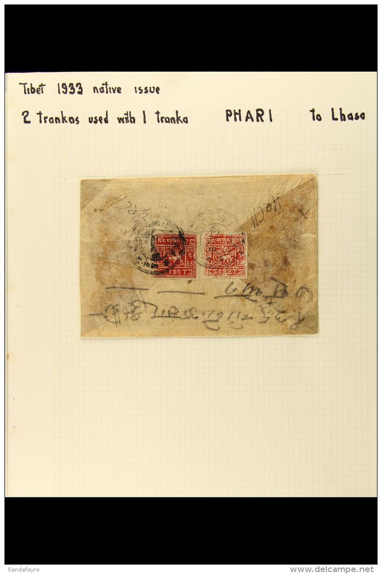1933  1t Carmine Plus 2t Scarlet Imperf, SG 11B/12B, Very Fine Used On Neat Native Cover To Lhasa Tied By Fine... - Tíbet