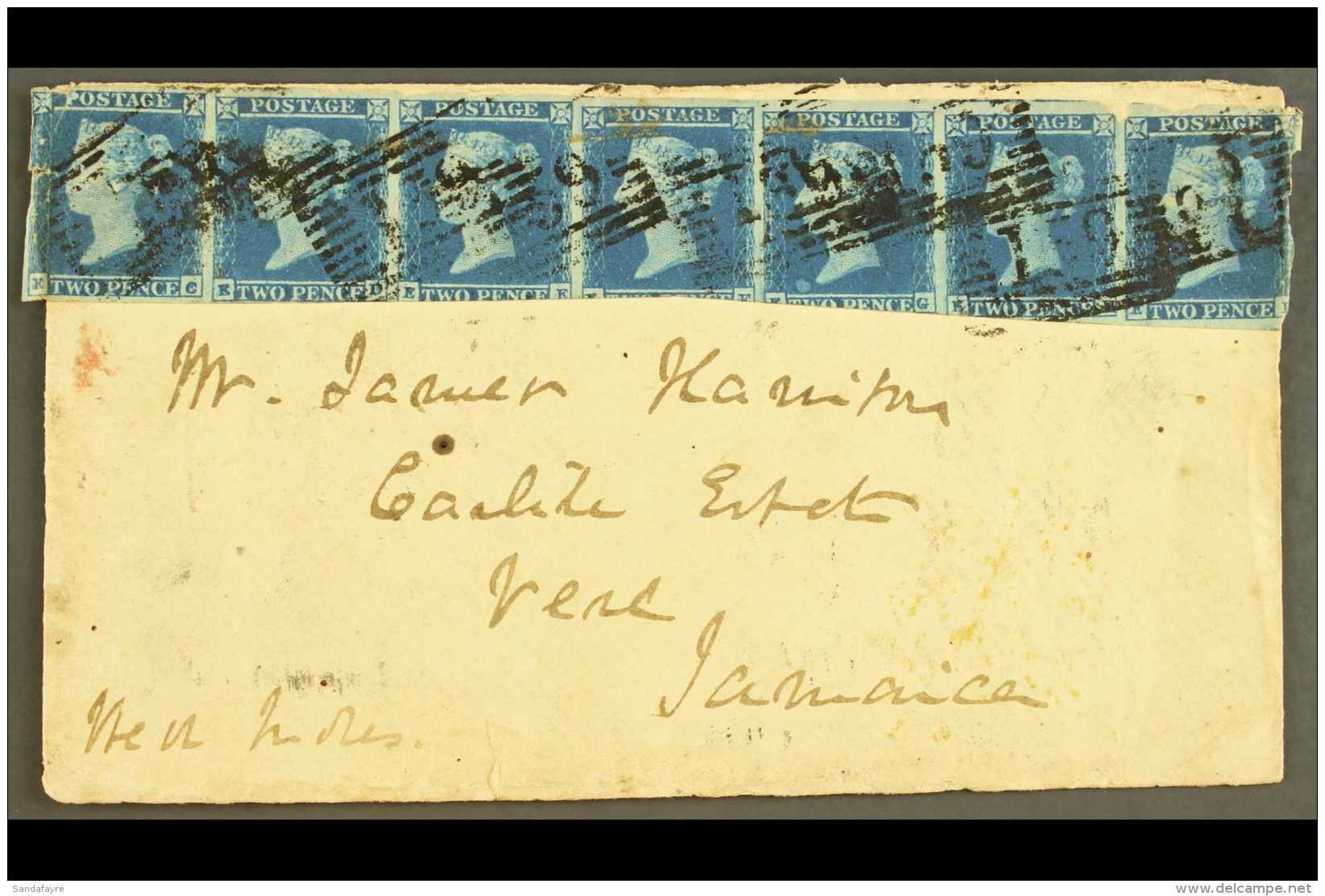 1853  (15 June) Cover From Glasgow To Jamaica Bearing 1841 2d Blue Imperf STRIP OF SEVEN ('EC' To 'EI') Tied By... - Autres & Non Classés