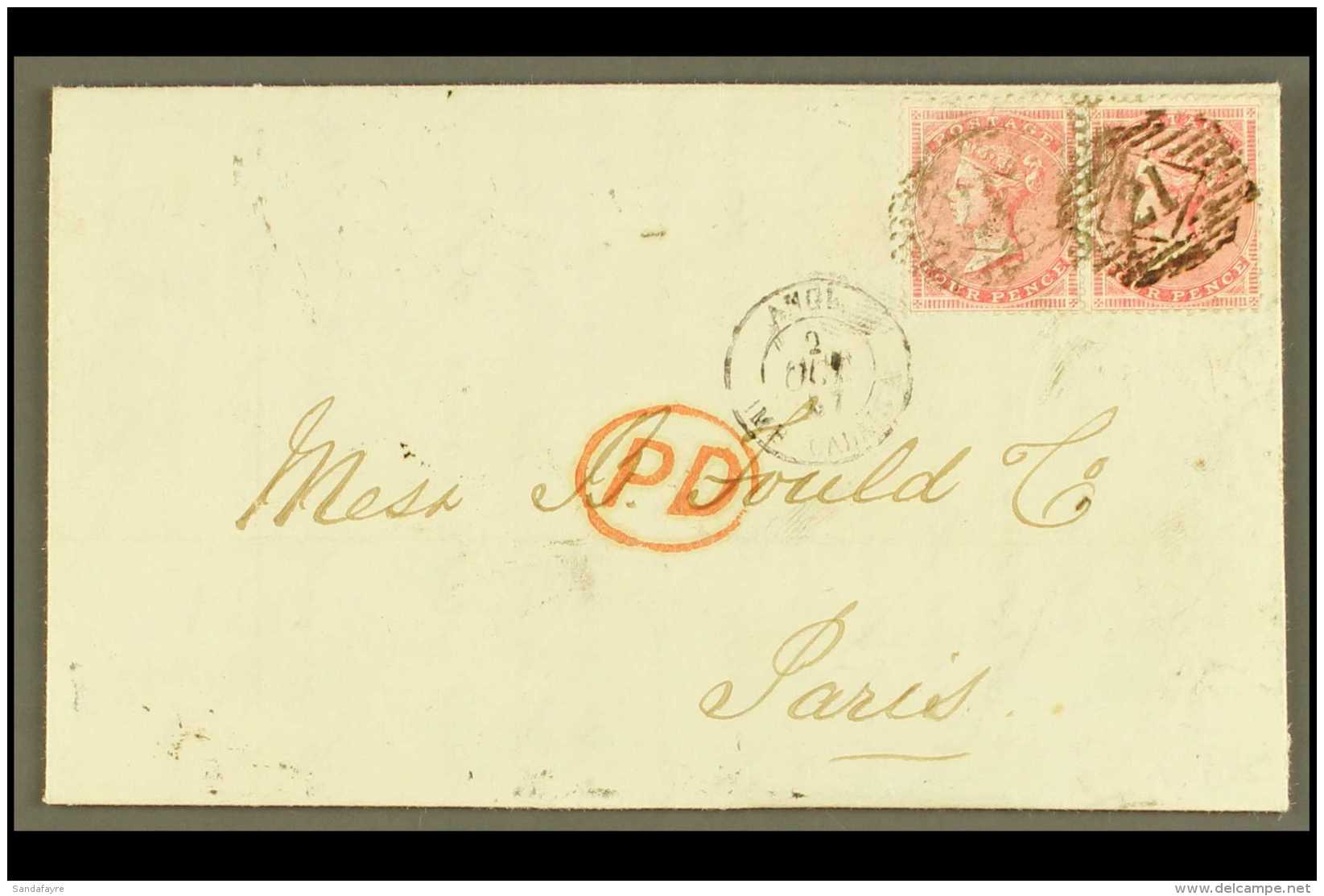 1857  (Oct) Neat Entire Letter To Paris, Bearing Horizontal Pair Of 4d Rose, SG 66, Tied By "21" London Cancels,... - Autres & Non Classés