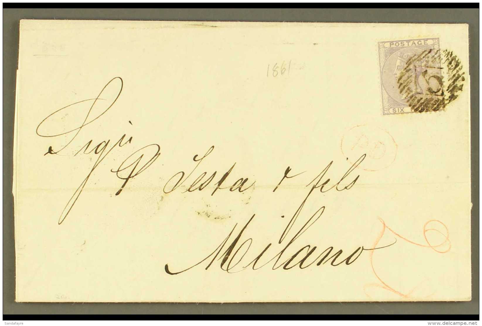 1861  (March) Neat Entire Letter To Italy, Bearing Single 6d Lilac, SG 70, Tied By London "5" Cancel, Oval Framed... - Autres & Non Classés