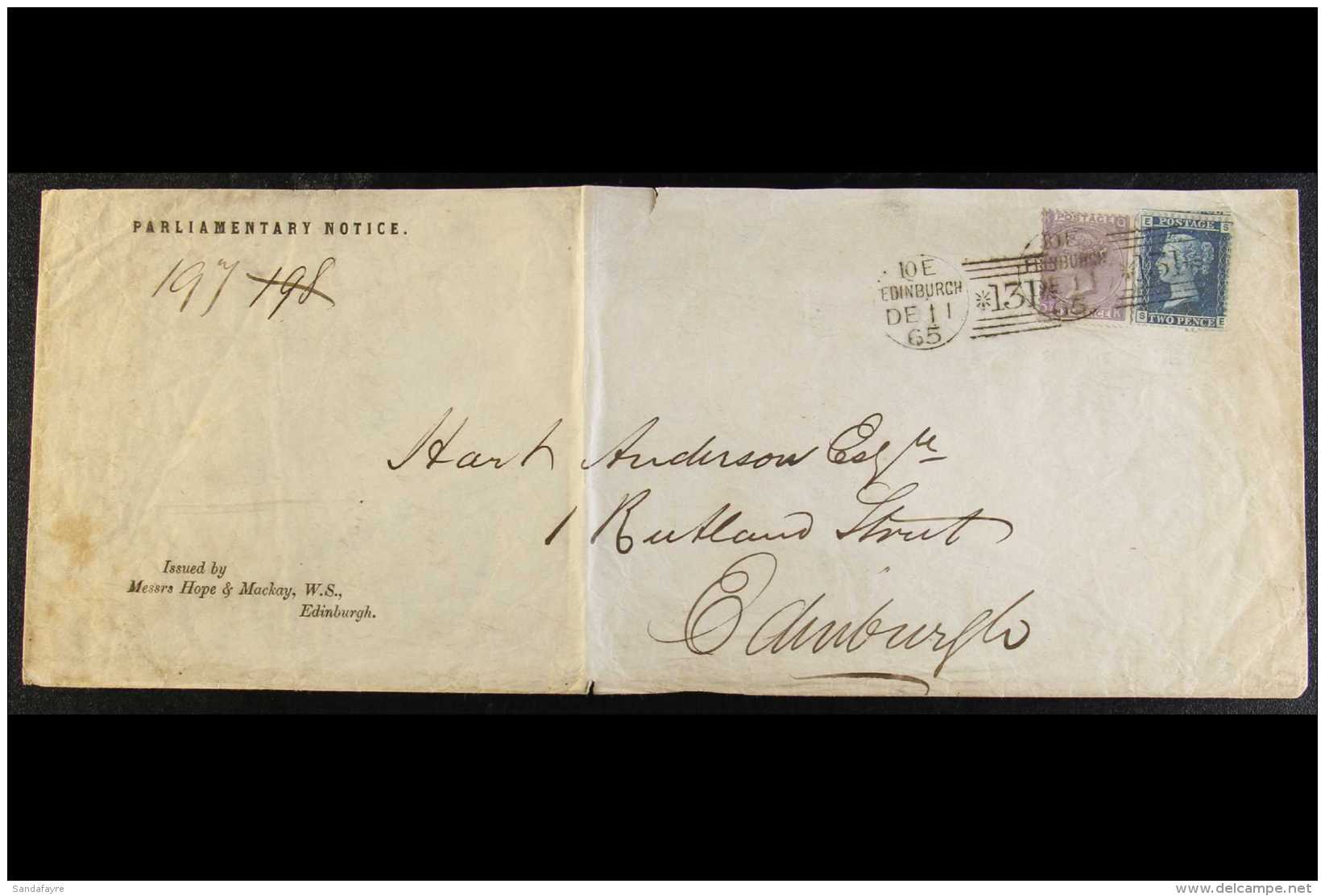 1865 PRINTED PARLIAMENTARY NOTICE ENVELOPE WITH 2D BLUE &amp; 6D LILAC FRANKING  (Dec) Envelope (268 X106 Mm),... - Other & Unclassified