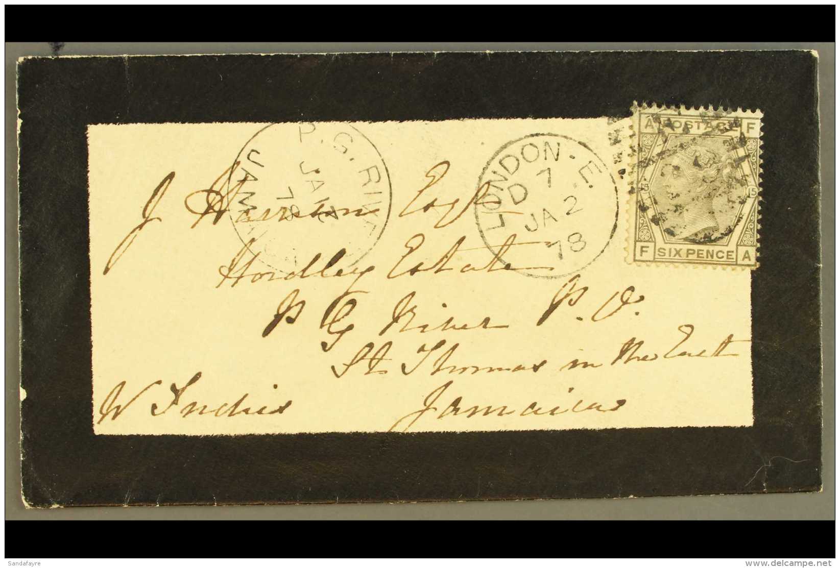 1878  (Jan 2) Mourning Envelope From London To Jamaica Bearing 6d Grey (SG 147), Plate 15, Tied By London E... - Otros & Sin Clasificación