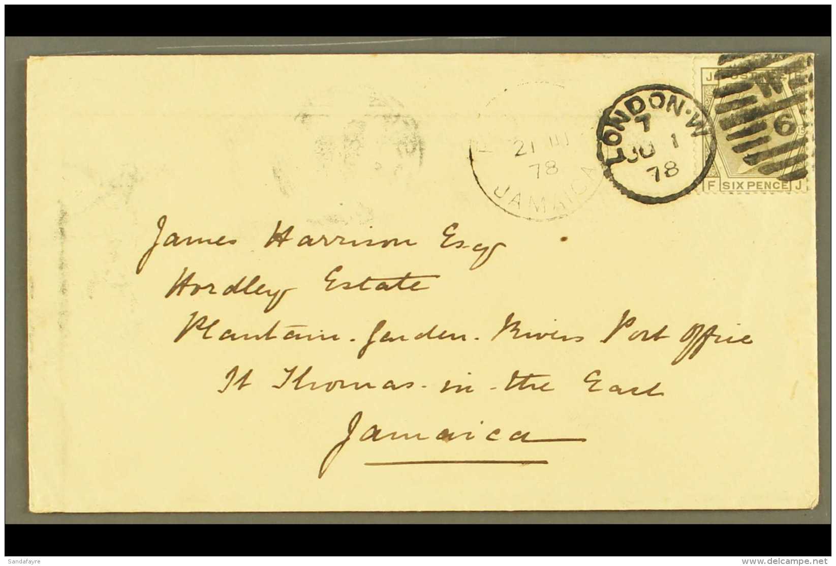 1878  (June 1) Cover To Jamaica Bearing 6d Grey (SG 147), Plate 15, Tied By Neat London W Duplex; P.G. River... - Otros & Sin Clasificación