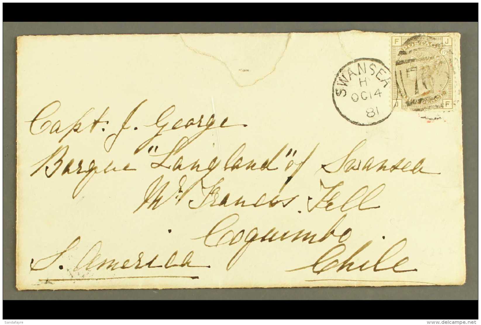 1881 (14 OCT) COVER TO CHILE  Bearing 1880 4d Grey-brown Plate 17, SG 160, Tied By Swansea Duplex, On The Back... - Otros & Sin Clasificación