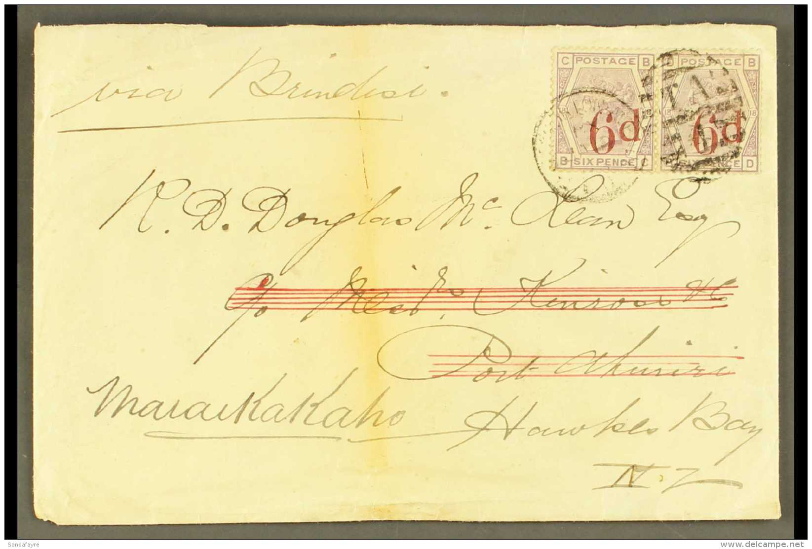 1883 6D ON 6D LILAC PAIR ON ENVELOPE TO NEW ZEALAND  (Jan 12th) 6d On 6d Lilac, SG 162, Tied By London "TA/4"... - Otros & Sin Clasificación