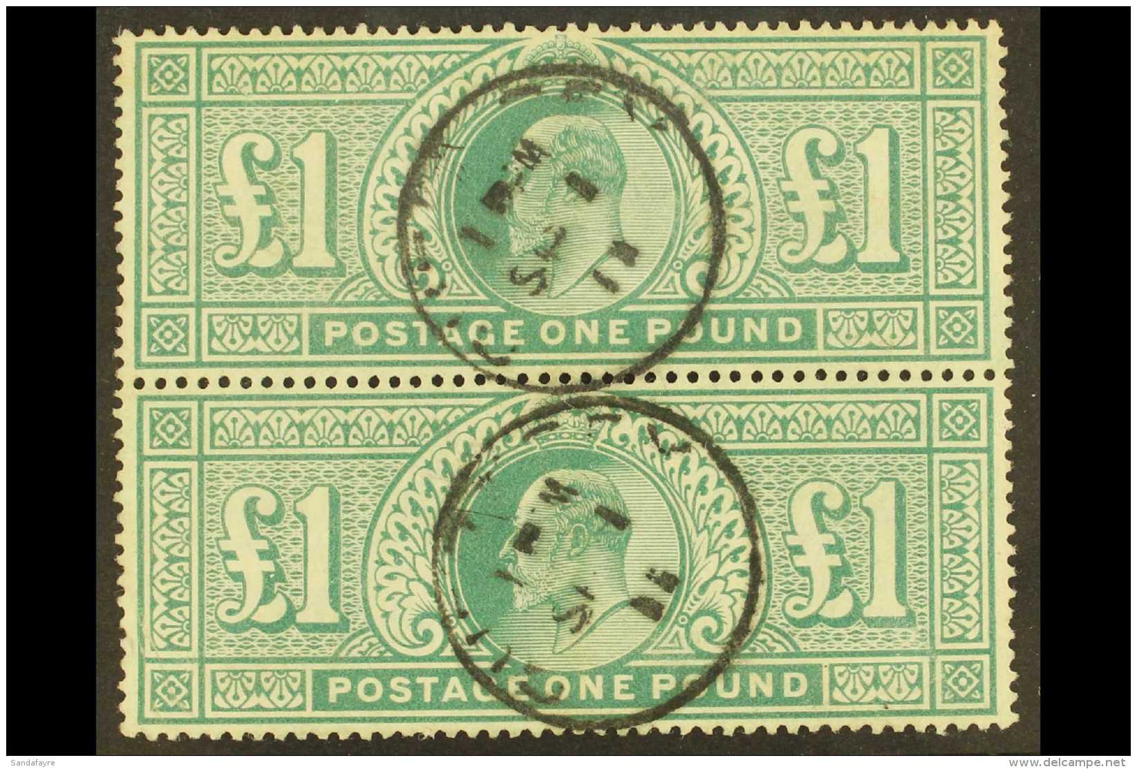 1902-10  &pound;1 Dull Blue-green, De La Rue Printing, Vertical Pair, SG 266, Very Fine Used, GUERNSEY 1.9.11... - Unclassified