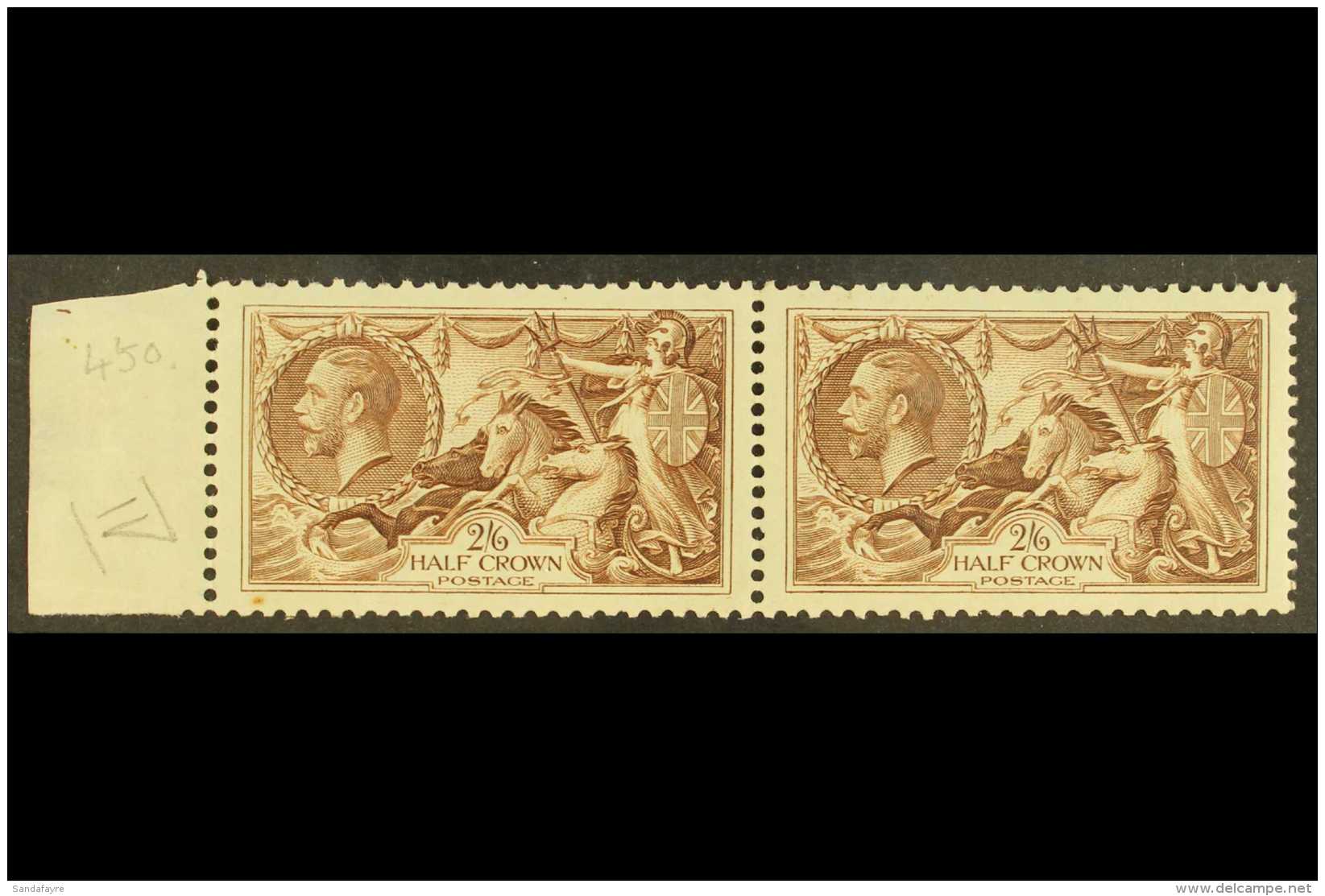 1934  2s 6d Chocolate Re-engraved Seahorse, SG 450, Horizontal Marginal Pair, Fine NHM But Tiny Rust Spot On... - Non Classés