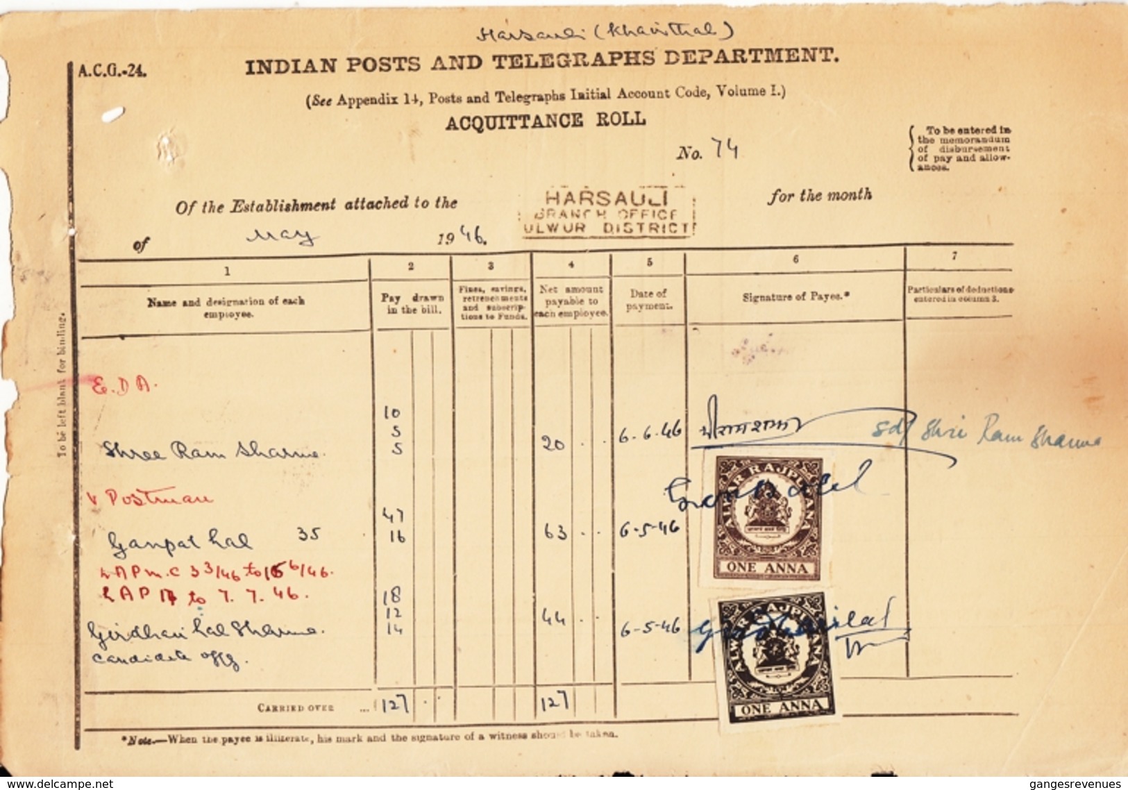 ALWAR State  1A  Black + Brown  2  Revenues On Document # 94085 Inde Indien  India Fiscaux Fiscal Revenue - Alwar