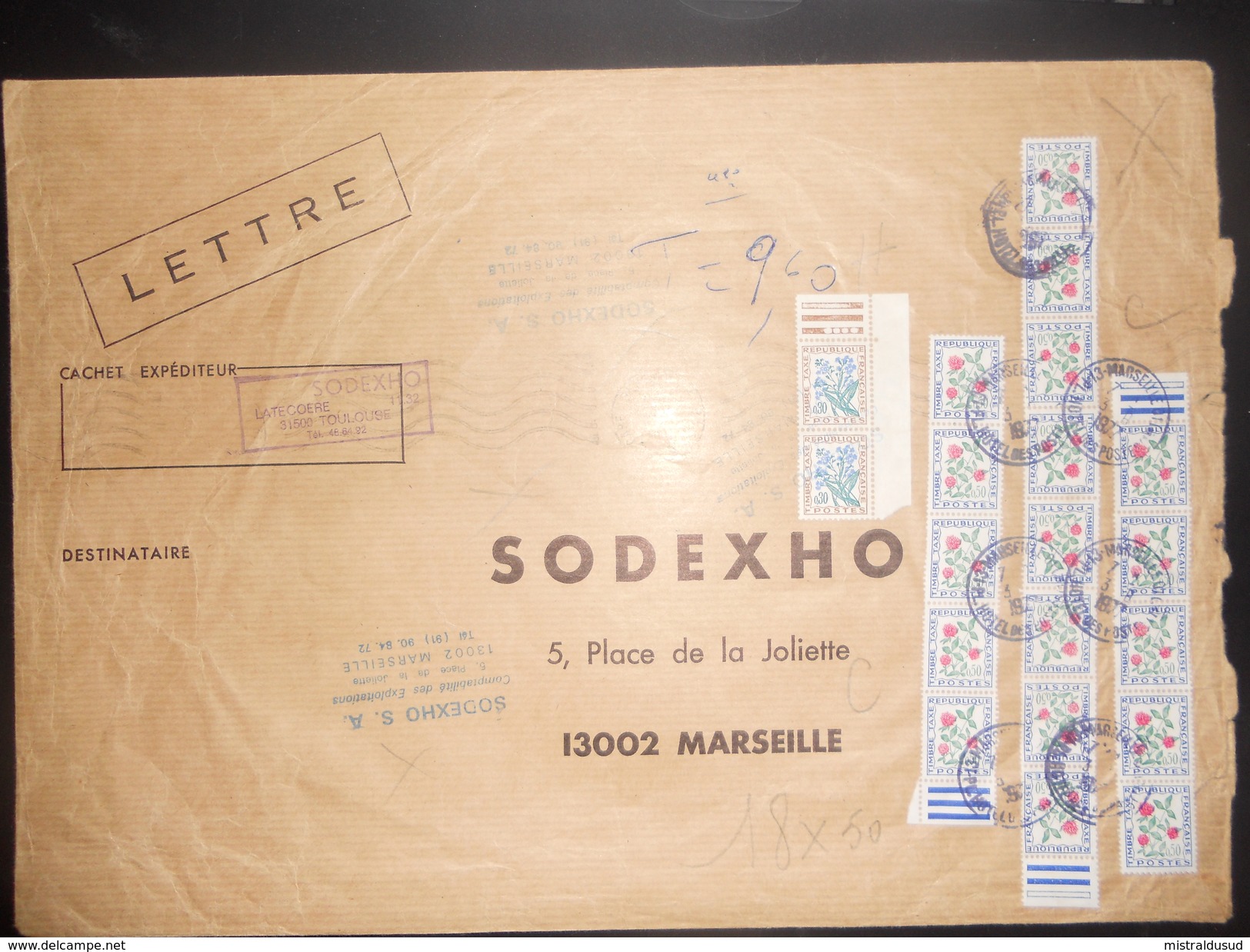 France Lettre De 1977 Taxe A Marseille En Provenance De Toulouse , Affranchis Avec 20 Timbres Taxe - 1960-.... Brieven & Documenten