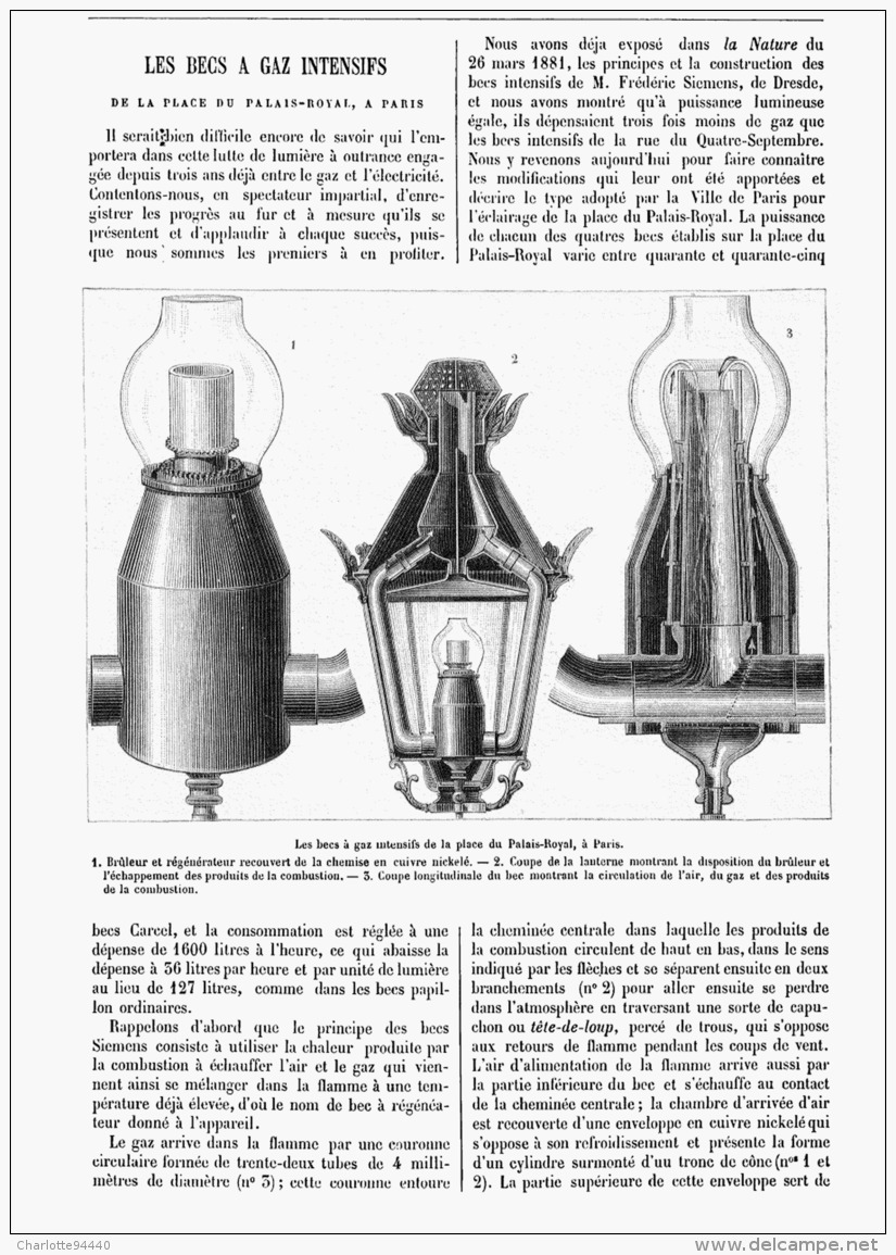 LES BECS A GAZ INTENSIFS De La PLACE DU PALAIS ROYAL A PARIS  1882 - Other & Unclassified