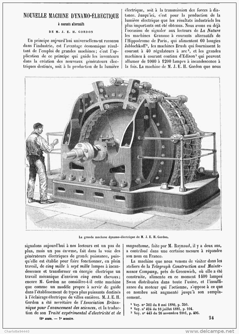 NOUVELLE MACHINE DYNAMO-ELECTRIQUE à Courants Alternatifs De M. J. E. H. GORDON   1882 - Autres & Non Classés