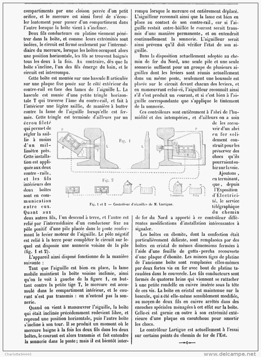 CHEMINS DE FER  " CONTROLEUR  D'AIGUILLES De M. LARTIGUE   1882 - Chemin De Fer
