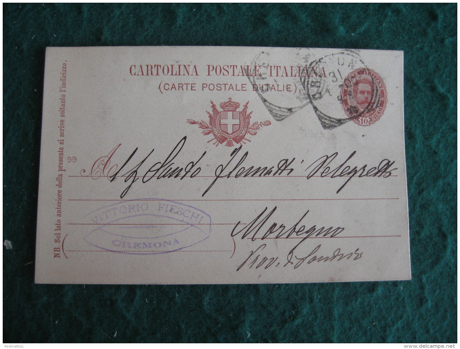 Regno Italia  CARTOLINA POSTALE 10 C -   1900 VITTORIO FIESCHI CREMONA    - 192 - Marcophilia