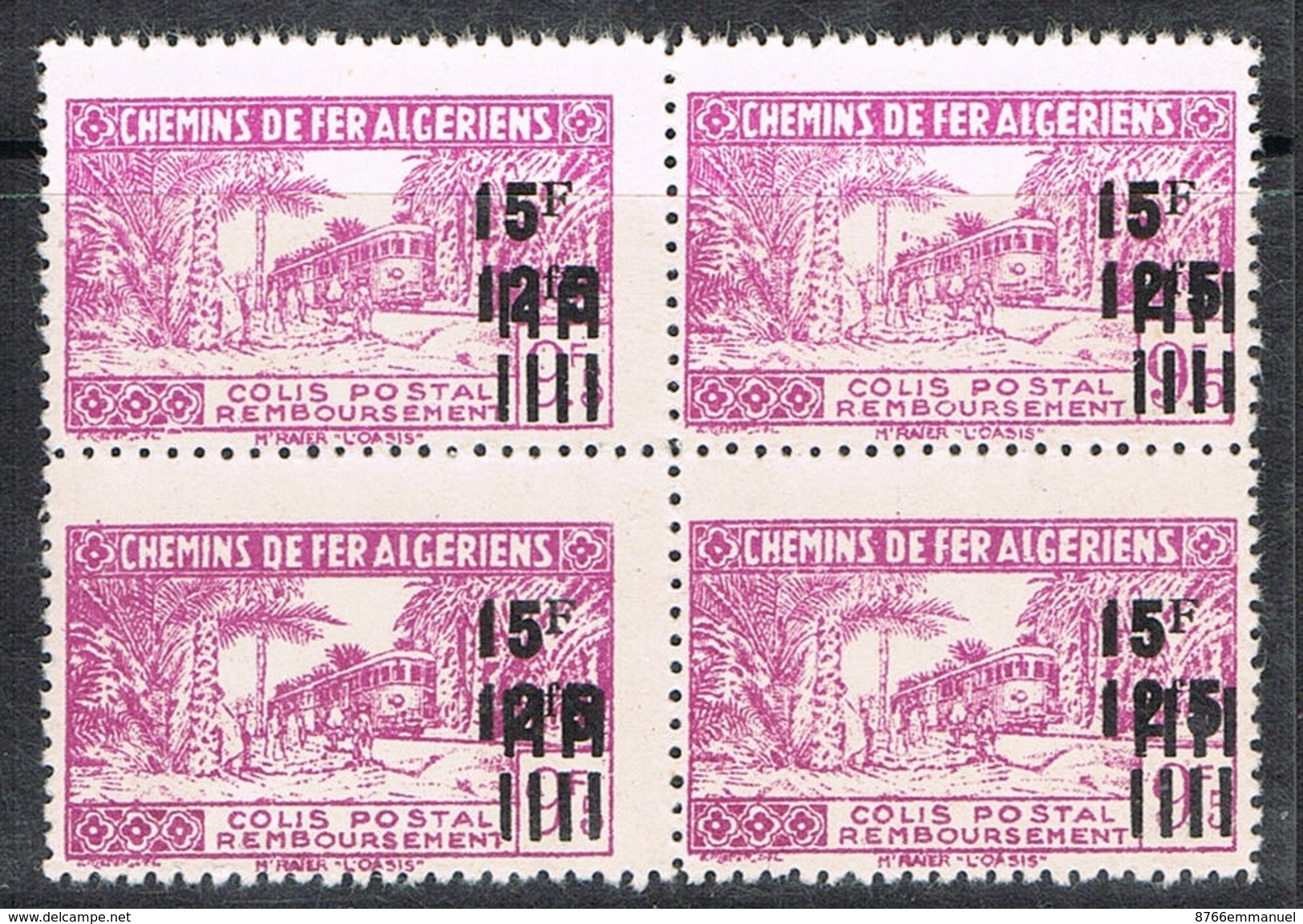 ALGERIE COLIS POSTAL N°198 N** EN BLOC DE 4, Variétés Sans Surcharge Et Avec Noix De Coco Au Dessus Du Train - Colis Postaux