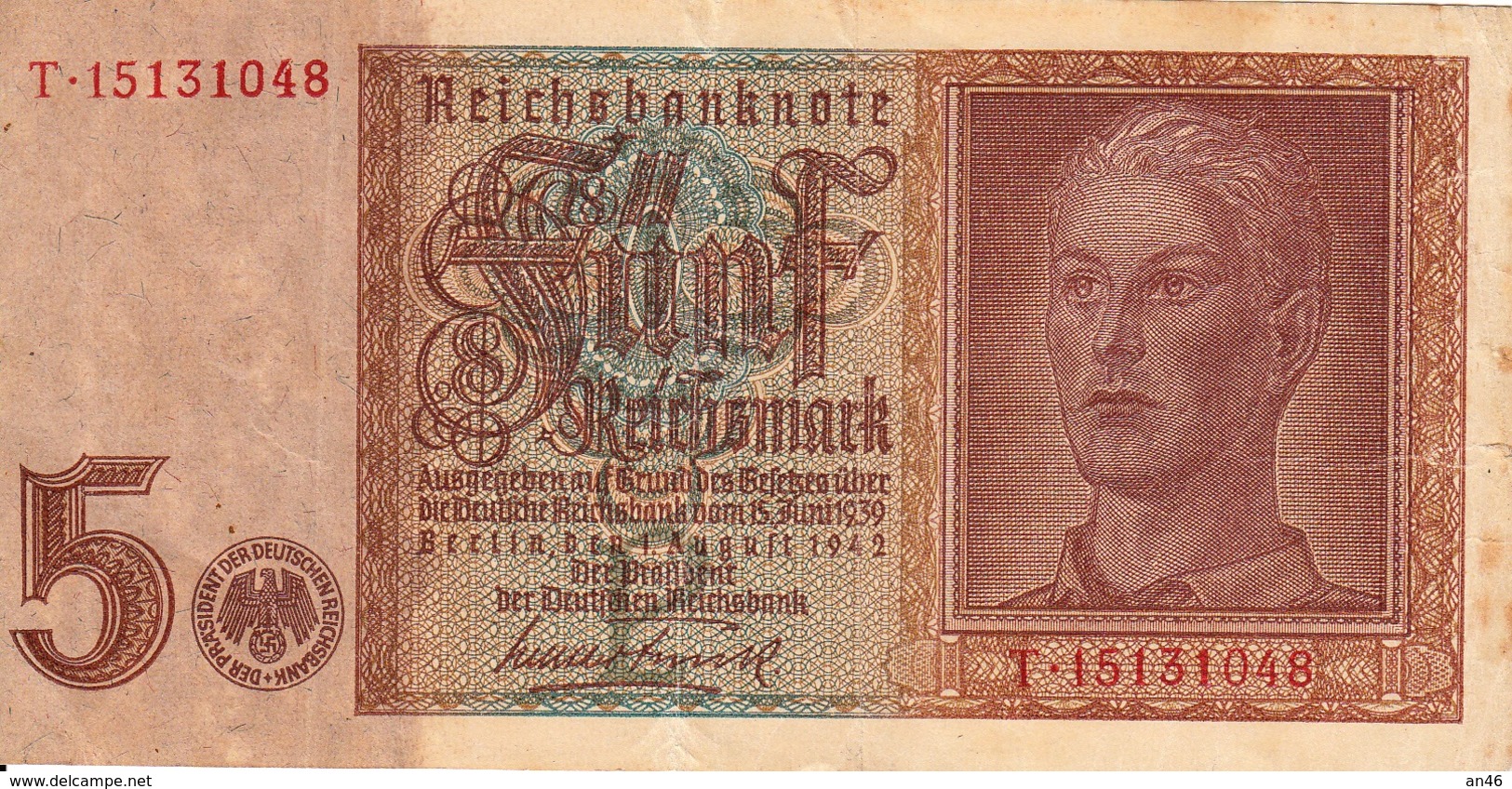 Banconota_Banconote_Lotto Di 1 Biglietto REICHSBANKNOTE_5 REICHSMARK_Serie  T 15131048-Originale 100% - 5 Reichsmark