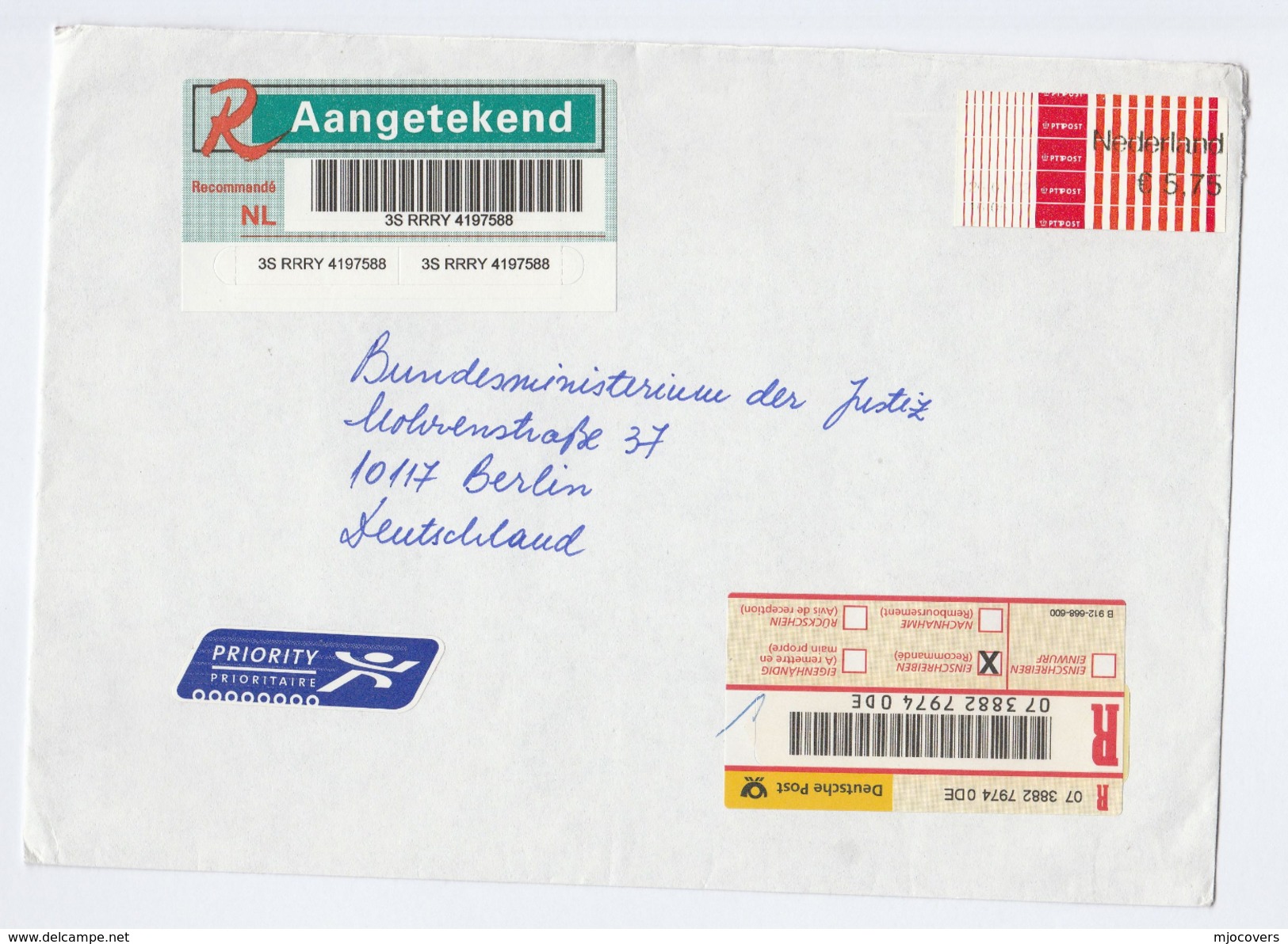 REGISTERED Air Mail NETHERLANDS COVER Stamps ATM FRAMA PT POST 5.75  To GERMANY Airmail Label Labl - Cartas & Documentos