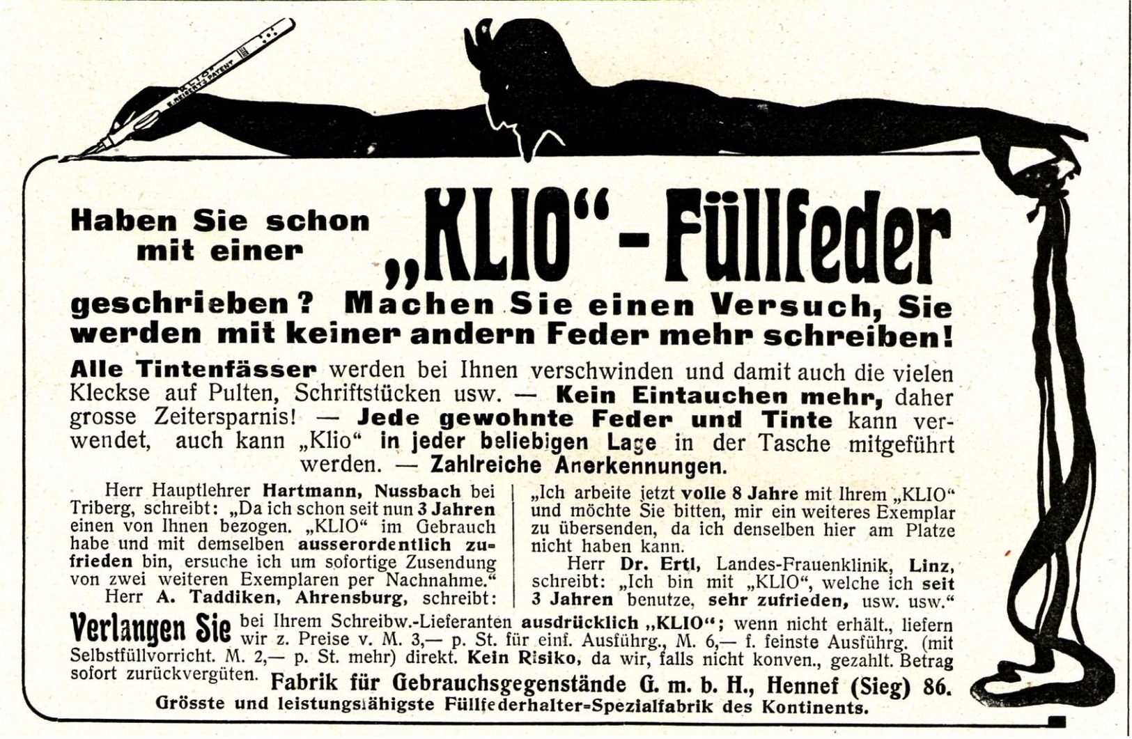 Original-Werbung/ Anzeige 1908 - KLIO FÜLLFEDER / FÜLLFEDERHALTER - HENNEF / MOTIV TEUFEL - Ca. 135 X 80 Mm - Werbung