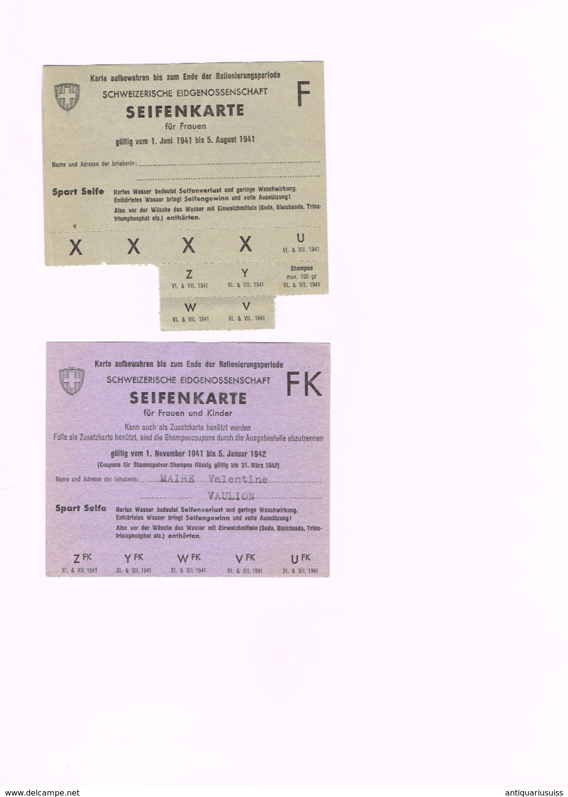 Lot - Cartes de denrées alimentaires , savon, textiles , huile... Schweizerische Eidgenossenschaft , Crix-Rouge Suisse