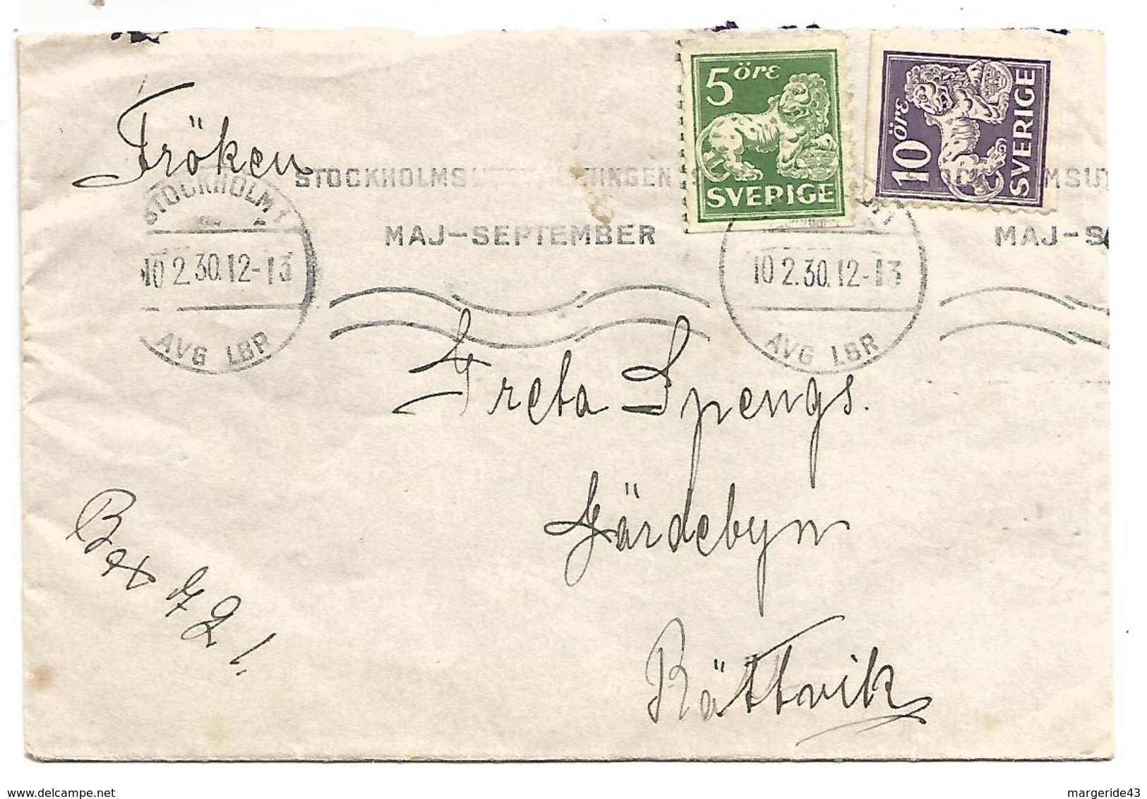 SUEDE LETTRE DE STOCKHOLM POUR LA FRANCE DU 10/2/1930 - 1920-1936 Franqueo I