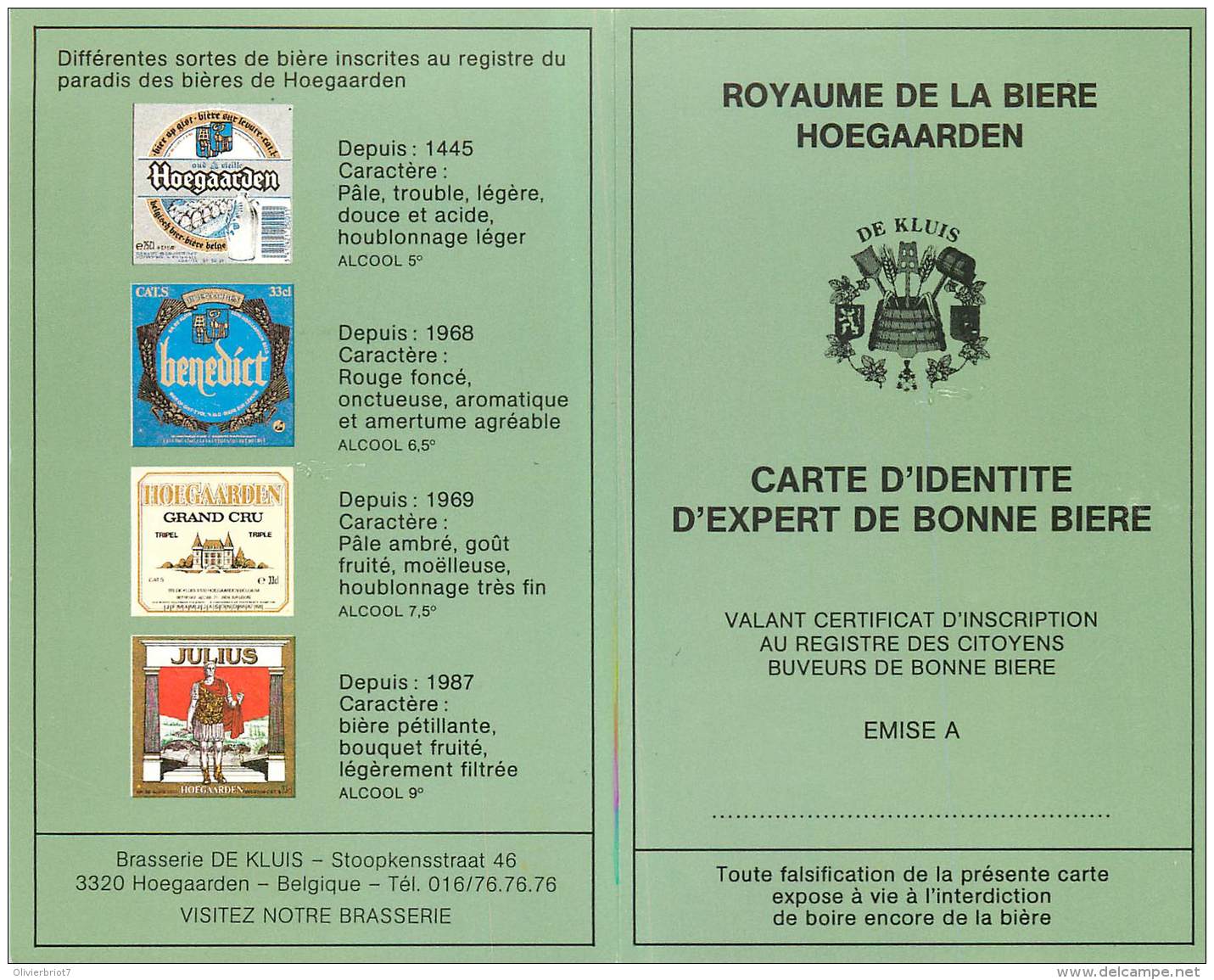 Hoegaarden - Publicité - Brasserie - Royaume De La Bière Hoegaarden - Carte D' Identité D' Expert De Bonne Bièrearden - Hoegaarden