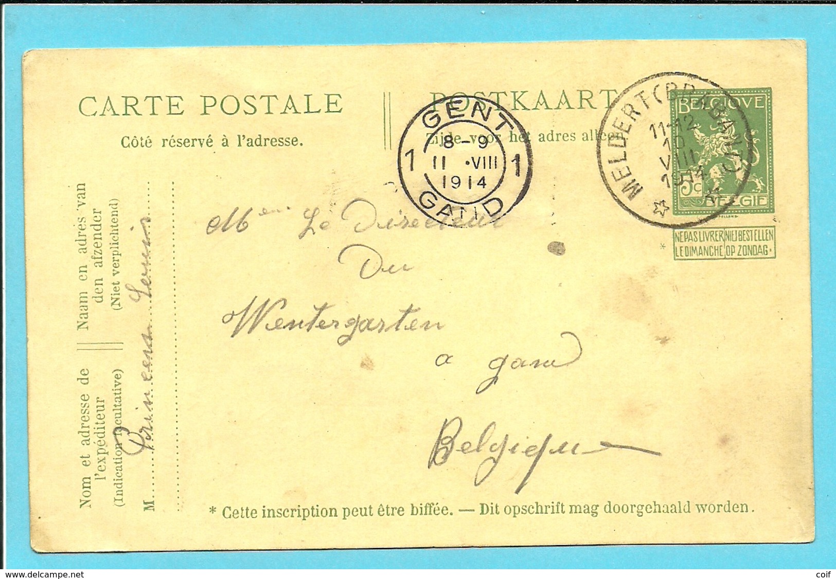 Entier Met Sterstempel (Relais) * MELDERT (BRABANT) * Op 10/08/1914 Naar GENT 11/8/14 (Offensief W.O.I) (tekst !!!) - Zone Non Occupée