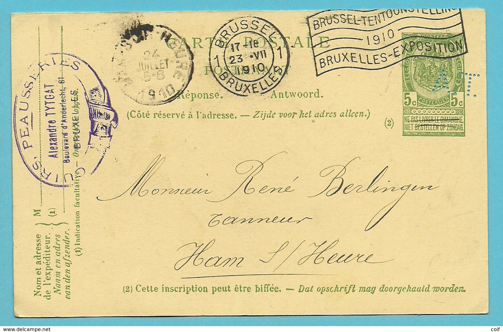 Entier Met Stempel BRUXELLES, Met Firmaperforatie (perfin) A.T. Van Alexandre TYTGAT - 1909-34